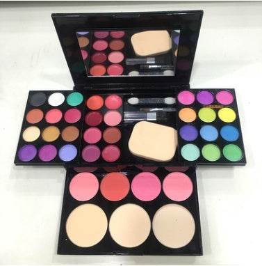 Makeup box make-up set with 24 eyeshadows, 8 lipsticks, 4 blushes, 3 powder cakes, brushes, puff, and mirror in a compact three-layer case