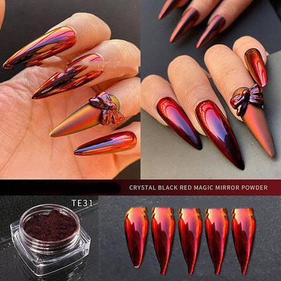 Black and red gradient mirror powder on long stiletto nails with glossy finish and decorative bow accents