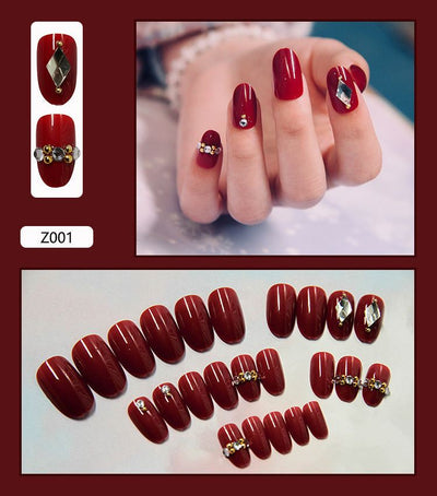 Set of red fake nails with rhinestone and diamond decorations Nail patches nail stickers Z001 style