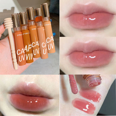 Aqua Mirror Glass Lip Glaze hydrating lipstick shades milk peach, rose sweet bean, loquat honey, strawberry honey, and cold tea sugar berry with glossy finish and skin tone enhancing effect
