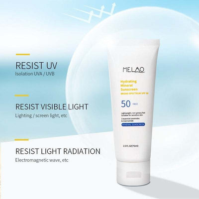 Tube of Melao Hydrating Mineral Sunscreen SPF 50 with UV protection and broad spectrum defense
