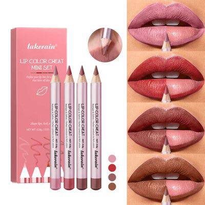 4 PCs Matte Lipstick lip liner set with durable, easy-to-color shades displayed with lip swatches
