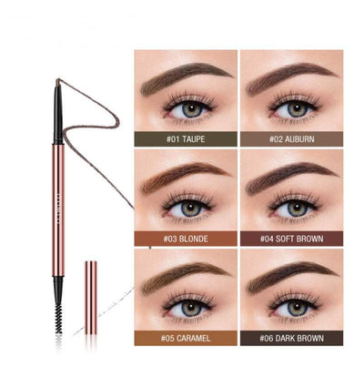 Eye Brow Make-Up pencil with six color shades Taupe, Auburn, Blonde, Soft Brown, Caramel, and Dark Brown showing eyebrow styles