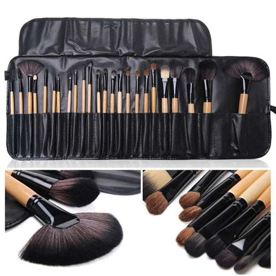 Professional 24-piece makeup brush set with wooden handles in a black PU roll-up pouch for cosmetics application