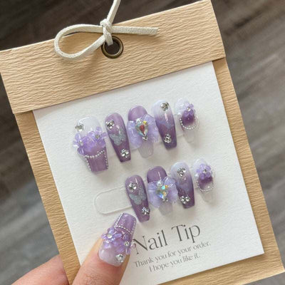 Wear Nail Pure handmade manicure purple floral nail stickers with rhinestones and nail glue packaging