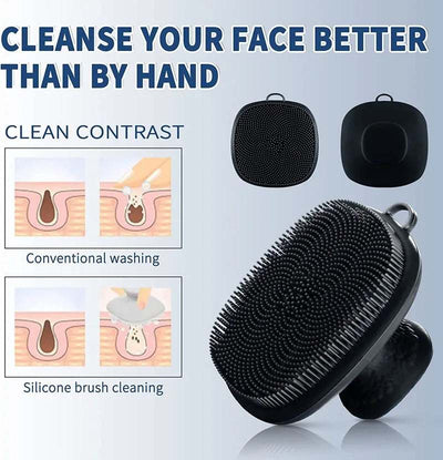 Handheld black silicone face decontamination brush for deep cleansing and exfoliation