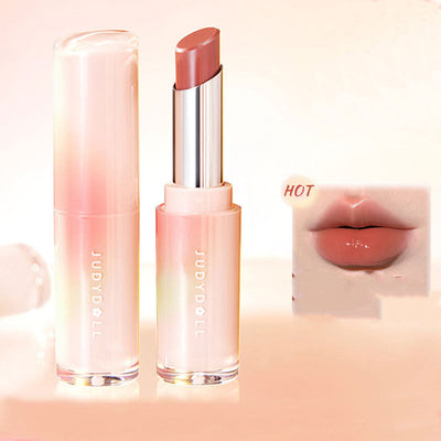 Lingguang Lipstick Waterlight Mirror Lip Glaze in soft pink shade with glossy finish and model wearing color.