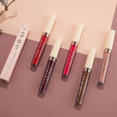 Matte finish velvet liquid lip gloss in 12 colors with durable, natural color and universal skin type compatibility