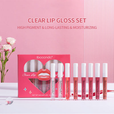 Transparent lip gloss set with 9 moisturizing liquid lipsticks in various shades displayed in pink packaging
